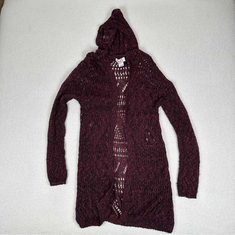 SO Burgundy Crochet Knit Hooded Cardigan Sweater